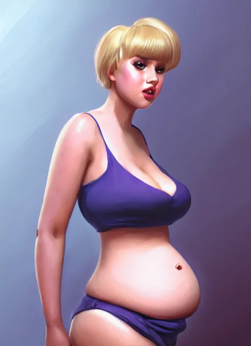 Image similar to full body portrait, teenage betty cooper, blonde hair, obese, bangs, ponytail, sultry, realistic, sultry smirk, fluffy bangs, curly bangs, fat, belly, beautiful girl, intricate, elegant, highly detailed, digital painting, artstation, concept art, smooth, sharp focus, illustration, art by wlop, mars ravelo and greg rutkowski