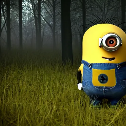 Image similar to creepy, scary, horror minion in dark forest, 8k, CryEngine