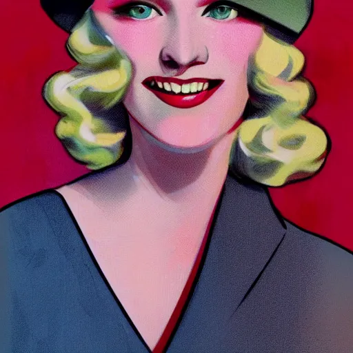 Image similar to smiling, happy, beautiful, intelligent, powerful, 1 9 2 0 s, blonde housewife, 2 8 years old, loving eyes, fully clothed, wise, beautiful, dramatic lighting, sharp focus, by stanley artgerm, dramatic lighting, trending on artstation, flat colour, geometric curves, gradient filter, art deco patterns