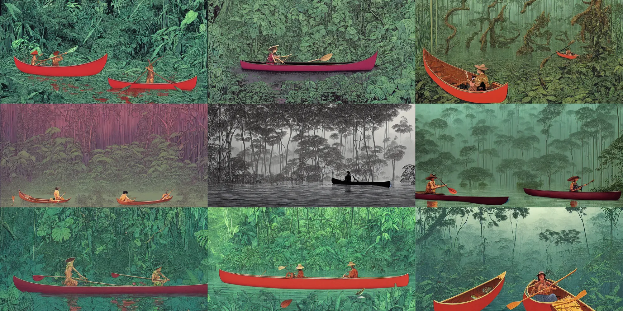 Prompt: canoe on the amazon river, lush jungle, foggy huge forest, by victo ngai, moebius, jean giraud, hyperrealism, intricate detailed