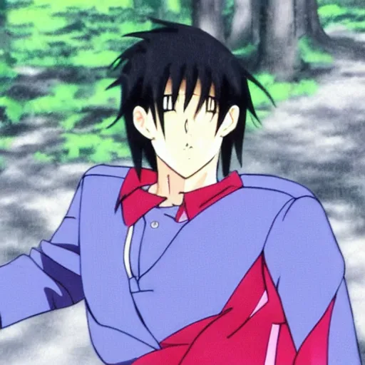 Prompt: a still of a 90s OVA anime of a man with black hair wearing a red shirt in a forest