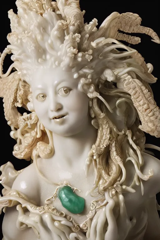 Image similar to a closeup photo, rococo alabaster and jade real delicate ceramic porcelain sculpture of an ornate detailed phoenix goddess in front of an intricate background by rafael, micro detail, backlit lighting, subsurface scattering, translucent, thin porcelain, emerald, jade, octane renderer, colorful, physically based rendering, trending on cgsociety