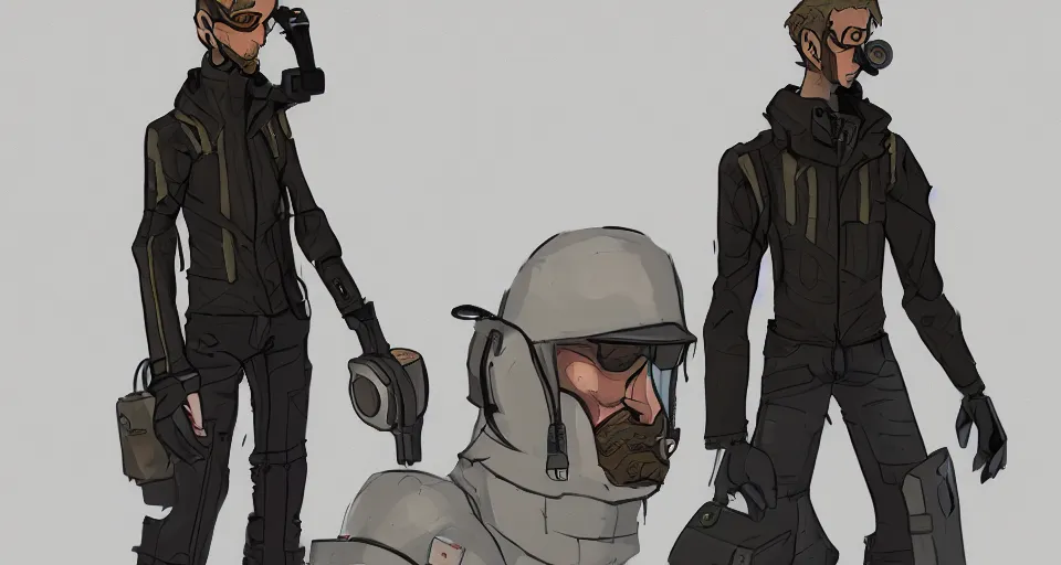 Prompt: concept art of a lean and lanky man that has a radio for a head and wears a cyberpunk coat, concept art, turnaround world building, character design