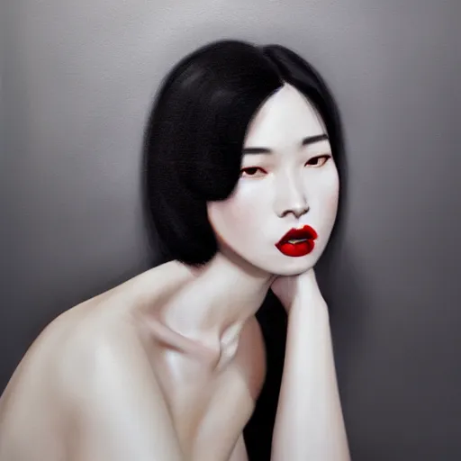 Image similar to a woman with black hair and a red lipstick, a photorealistic painting by wang duo, featured on cg society, photorealism, behance hd, ultrafine detail, high detail