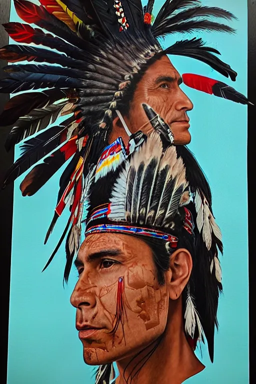 Image similar to thin native American Indian man in his early 30s, by Sandra Chevrier