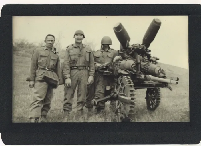 Image similar to found polaroid picture of a world war two 2 legs mech war machine and us soldiers