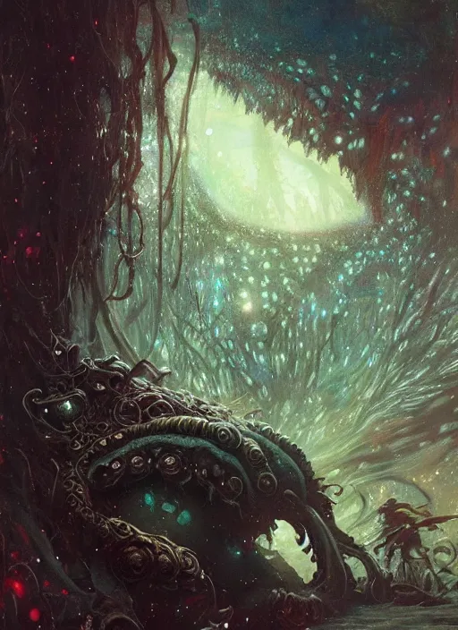 Prompt: my bed is a forest with a giant cthulhu eyes in the night star galaxie by gaston bussiere, anna nikonova aka newmilky, greg rutkowski, yoji shinkawa, yoshitaka amano, moebius, donato giancola, geoffroy thoorens, trending on artstation, featured on pixiv, cinematic composition