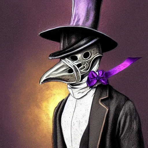 Image similar to mediaeval plague doctor wearing a top hat with a purple ribbon, intricate, epic, highly detailed, digital painting, artstation, concept art, smooth, sharp focus, illustration, unreal engine 5, 8 k, art by artgerm and greg rutkowski and alphonse mucha