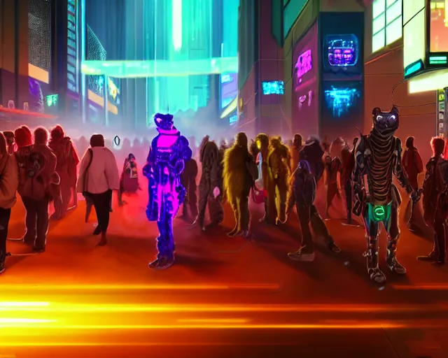 Image similar to high - resolution photograph from a cyberpunk era furry fandom convention ( midwest furfest 2 0 4 7 ), taking place after the genetic revolution and quantum singularity. photorealistic.