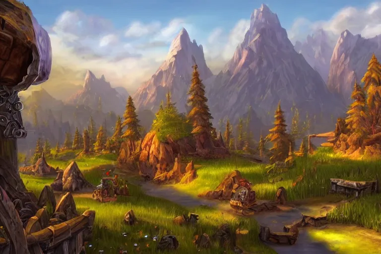 Image similar to world of warcraft environment with trees, rocky mountains and a river, horses, wooden chariots, beautiful, concept