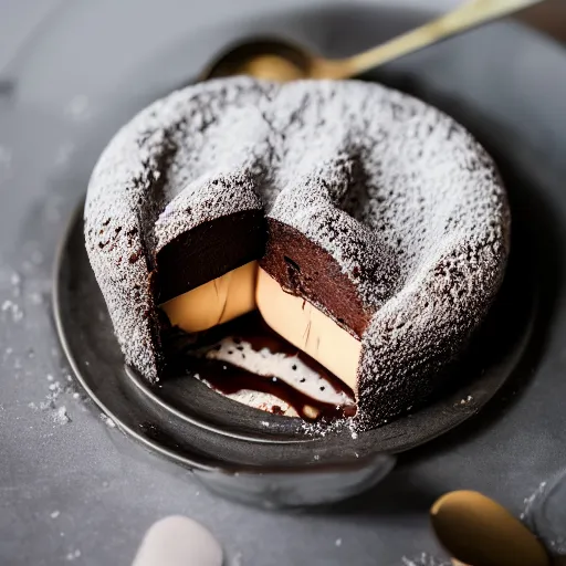 Image similar to extremely delicious looking photo of lava cake desert, expensive restaurant, top quality product, most perfect chocolate on the world, small manufacture, unique style, 8 k, product photography, professional studio photography