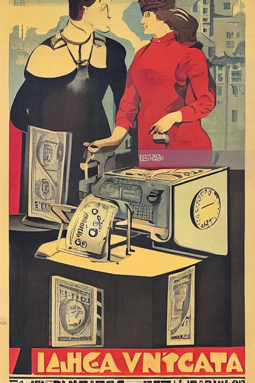 Prompt: a weighing machine with a businesswoman on the left plate and cash on the right plate. Italian Futurist poster art