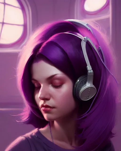 Prompt: stunningly beautiful purple haired female with headphones at home studio streaming games late at night, very detailed, 4 k, concept art like ernest khalimov, intricate details, highly detailed by greg rutkowski, ilya kuvshinov, gaston bussiere, craig mullins, simon bisley, backlit