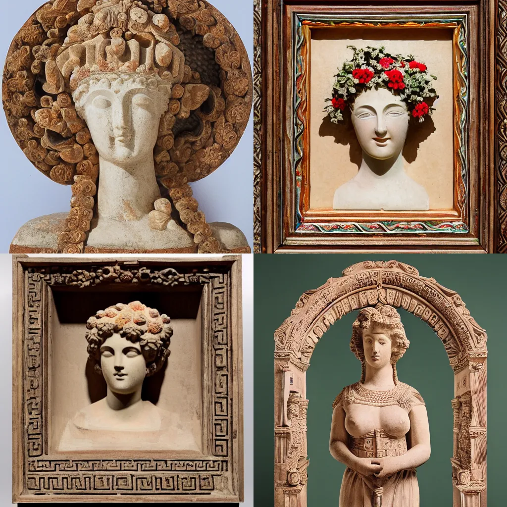 Prompt: portrait of a beautiful female made of greek architectural ornaments and flowers