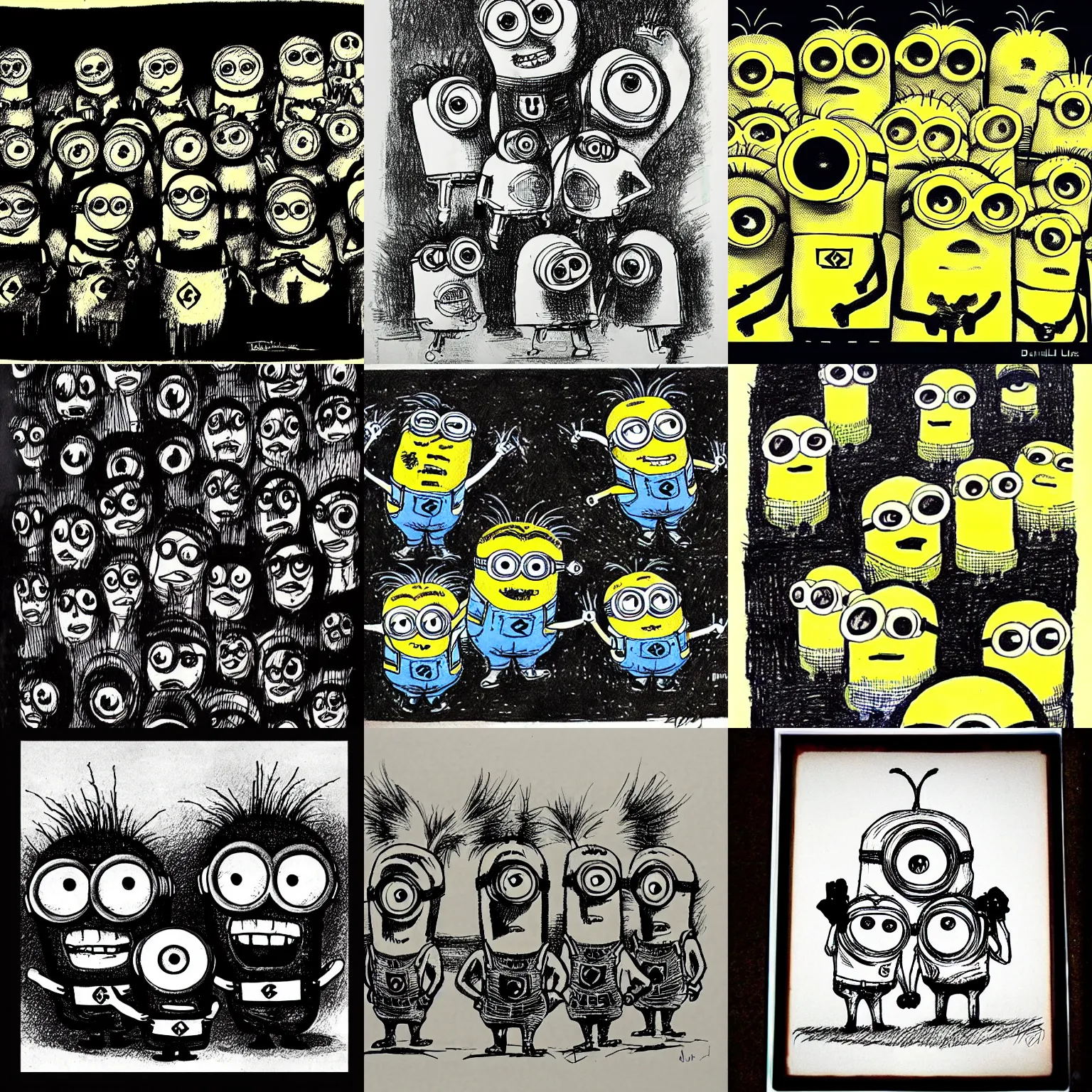 Prompt: drawing of minions by Druillet