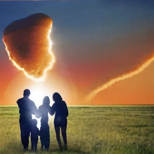 Prompt: A family hugging each other, apocalyptic nuclear explosion in the background