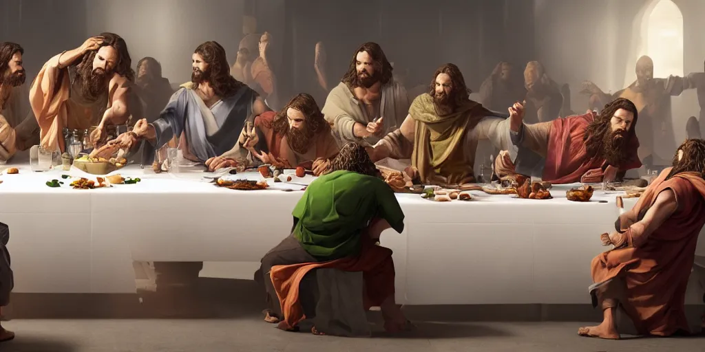 Image similar to professional physically based octane render of Jesus fighting Venom at the Last Supper, character concept art, epic composition, style of Marvel, 8k comic art, intricately detailed