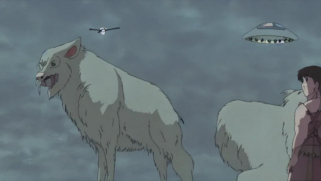 Image similar to a cell shaded cartoon movie still from princess mononoke ( 1 9 9 7 ) showing a ufo from independence day ( 1 9 9 6 ) hovering in the air above a city. very dull muted colors, hd, 4 k, hq