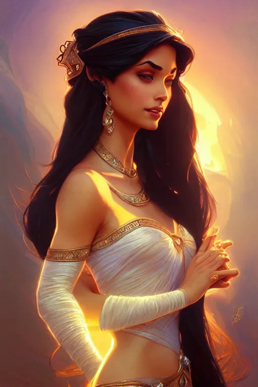 Image similar to Princess Jasmine, fantasy, intricate, elegant, highly detailed, digital painting, artstation, concept art, matte, sharp focus, illustration, art by Artgerm and Greg Rutkowski and Alphonse Mucha