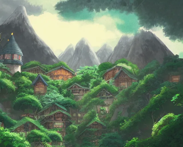 Image similar to mountain overseeing fantasy village next to a forest, studio ghibli style, hayao miyazaki, award winning photograph, highly detailed, artstation