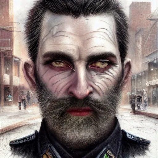 Image similar to portrait of a greying pale vampire police officer with short hair and a patchy beard, close up, grimy streets in the backdrop, highly detailed, sharp focus, art by tom bagshaw and manuel sanjulian