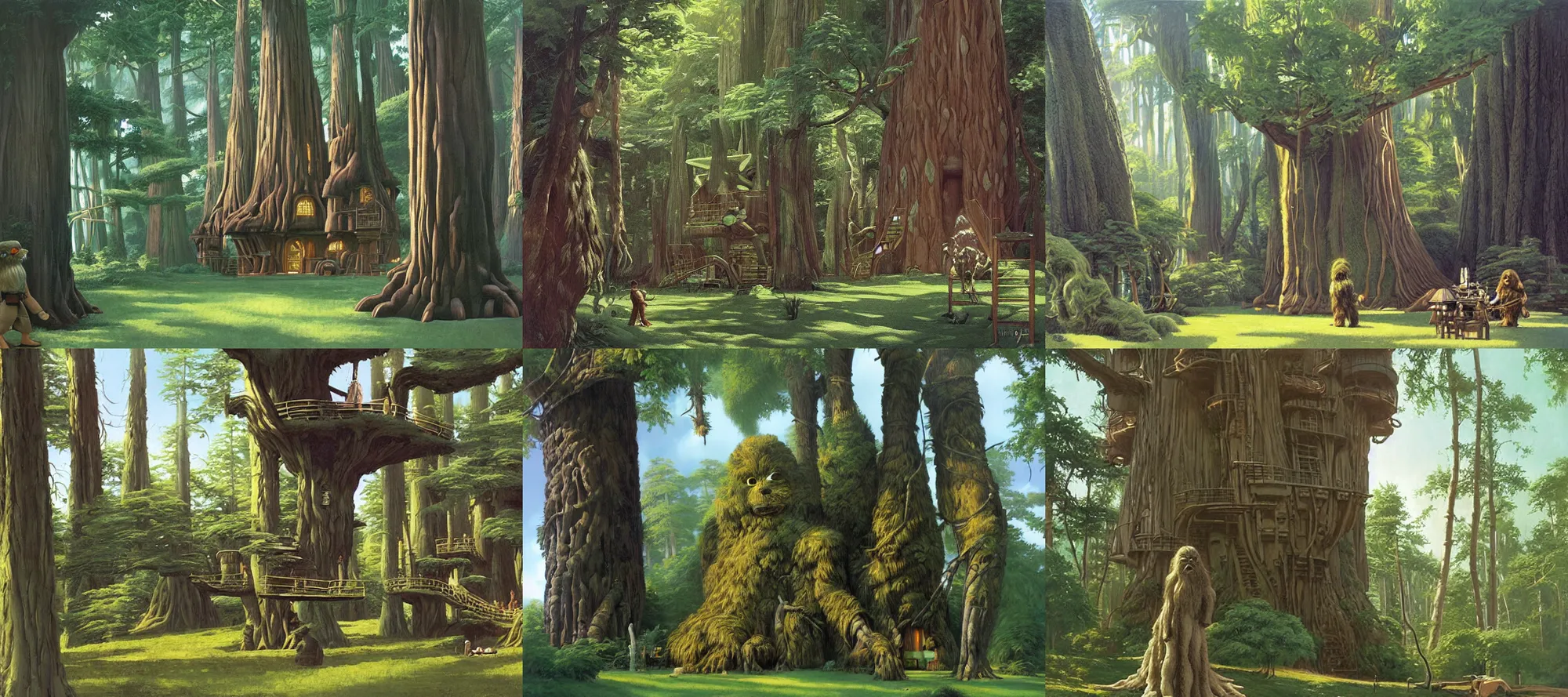 Prompt: wookiee treehouse village, gigantic trees, painting by ralph mcquarrie