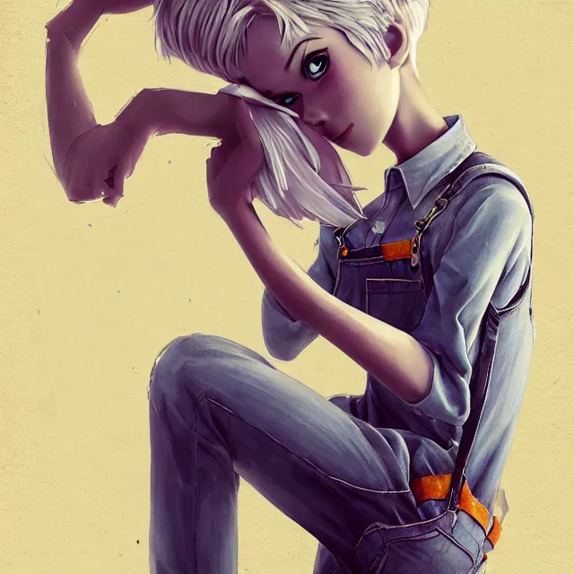 Image similar to full body pose, beautiful adult book fairy, pixar, short white hair shaved sides, dirty, grungy, grunge, long sleeve, painted overalls, stacks of giant books, highly detailed, 4 k, hdr, smooth, sharp focus, high resolution, award - winning photo, artgerm, photorealistic