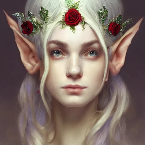 Prompt: portrait of very beautiful elf, rose crown, thorn background, headshot, pale skin, 4k, rule of thirds, extreme detail, detailed drawing, trending artstation, hd, fantasy, D&D, realistic lighting, by Alphonse Mucha, Greg Rutkowski, sharp focus, backlit, bright white hair, elegant