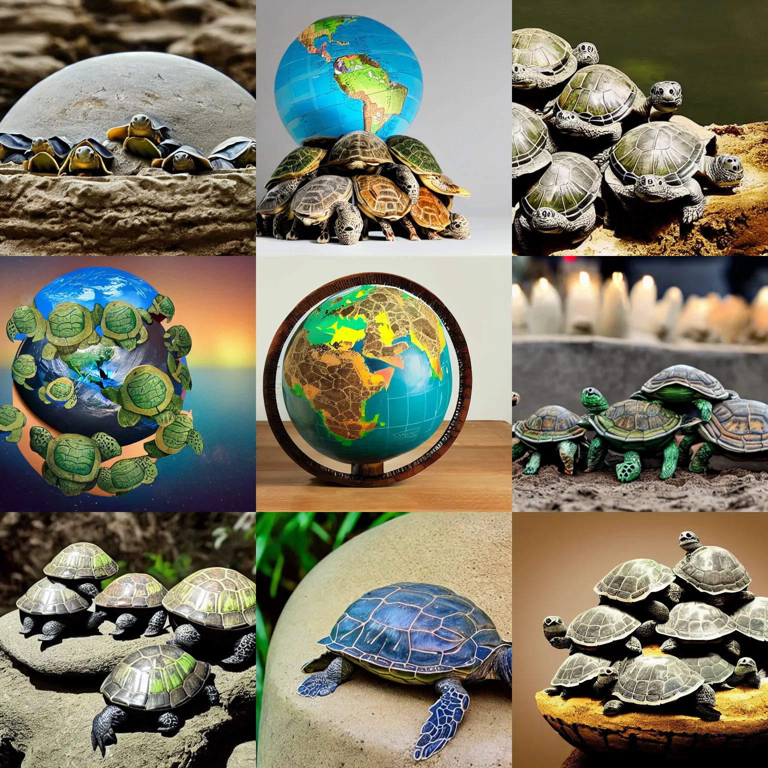 Image similar to a stack of turtles beneath a globe of the earth, earth globe on top