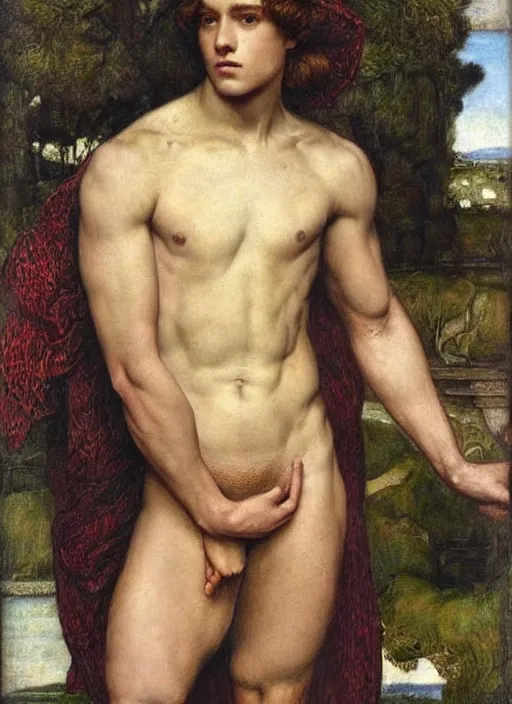 Image similar to Pre-Raphaelite young beautiful muscular male