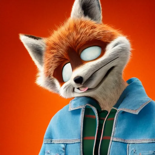 Prompt: upper half portrait of a anthropomorphic female fox with short fur covering her body, wearing a denim jacket in the style of zootopia, far shot,