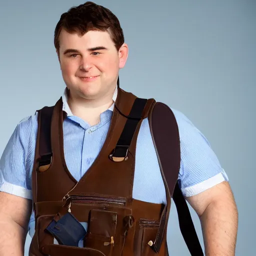 Prompt: clean shaven pudgy British lad with short curly dark brown hair as a hobbit wearing a white men's crossbody sling chest bag and blue vest