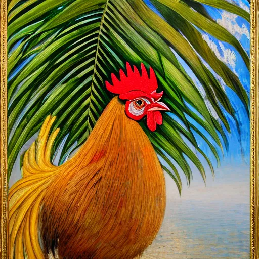 Image similar to a ultradetailed beautiful painting of a rooster in the amazonas palace balustrade designed by jules bastien - lepage, hans belmer, frank weston and gustave baumann, beach, trending on artstation, mediterranean, palm trees, refracted color sparkles, sharp focus, soft light, 8 k 4 k