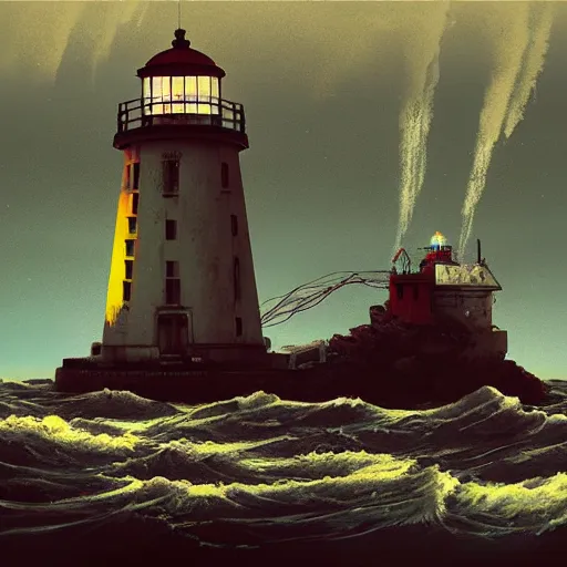 Prompt: lighthouse in a stormy sea, mechanic, robotic, abandoned, overgrown, cables, concept art by simon stalenhag