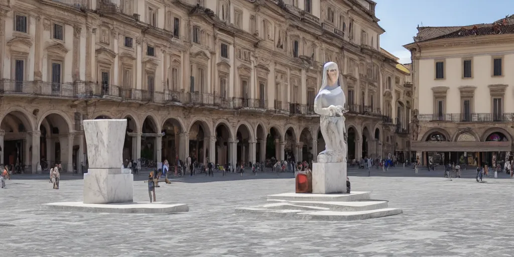 Prompt: A colorful marble sculpture of The Mona Lisa in the middle of an empty Italian piazza without people, midday, 4k photograph, sunny day, long shot