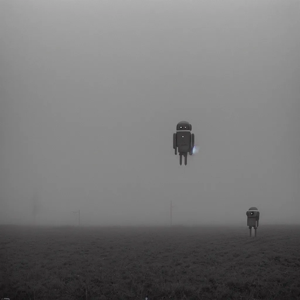 Image similar to a sole angular lanky liminal observer droid, in a brutalist yet rural landscape by simon stalenhag, 3 5 mm film photography, dawn, eerie fog