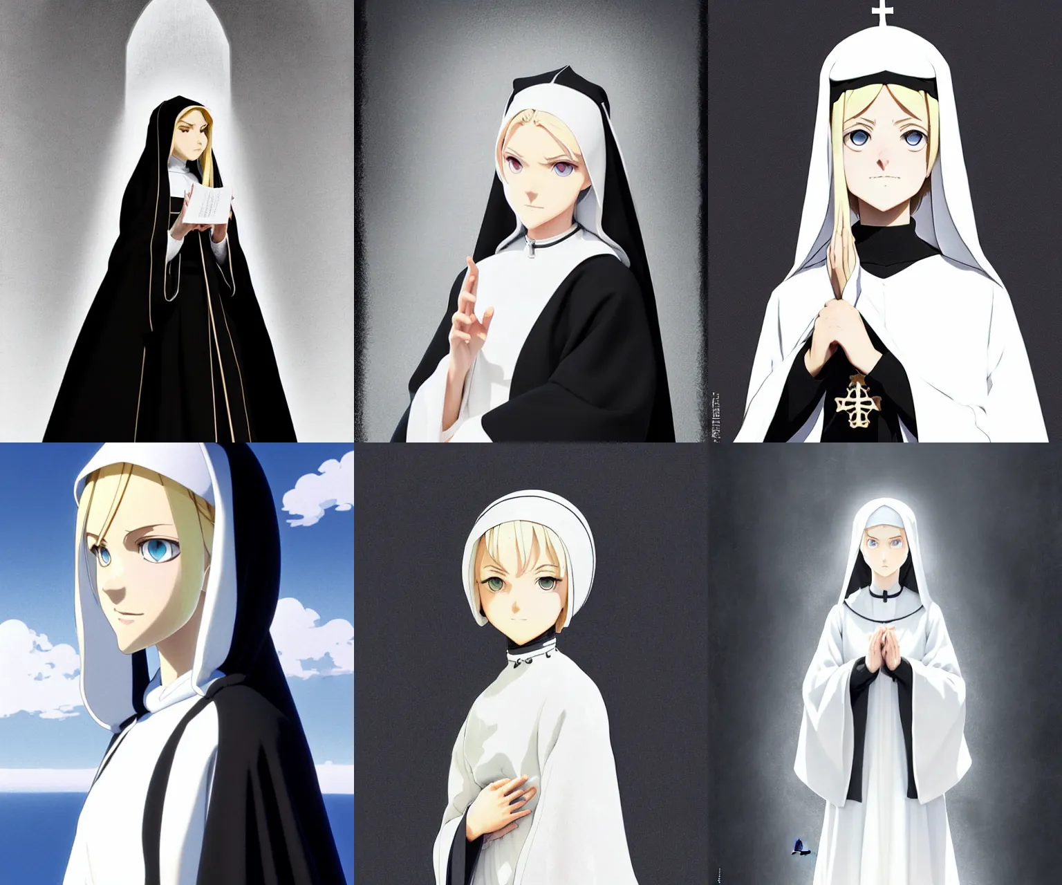 Prompt: young female nun, blonde hair, black and white nun's gown, detailed perfect face, exquisite details, ice magic, mid view, design on a white background, by studio muti, greg rutkowski makoto shinkai takashi takeuchi studio ghibli