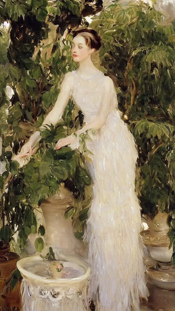 Image similar to beautiful young julee wear a lace dress in a botanical room set near a persian pot and palm treeby john singer sargent