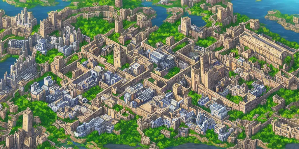 Image similar to Beautiful rectangular walled city state with castle at the top. In style of Lee Myung-jin, Korean MMORPG, manhwa, Ragnarok Online, epic, professional art, digital art, 8K, view from above.