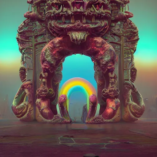 Prompt: soft painting render curiosities gigantic skulls tentacles reflection refraction gateway portal synthwave, accurate features, focus, very intricate ultrafine details, rainbow lighting, dense fog, award winning masterpiece, octane render 8 k hd, dark fantasy