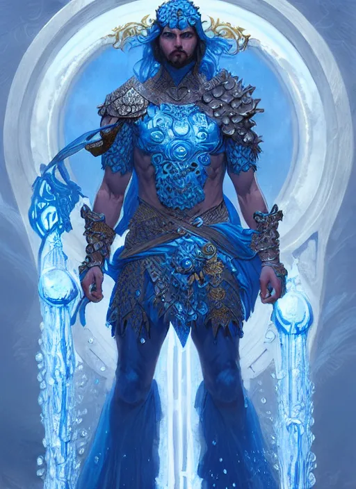 Image similar to a god of water wearing blue armor, with hands and hair turning into wearing, fantasy, intricate, elegant, highly detailed, digital painting, artstation, concept art, wallpaper, smooth, sharp focus, illustration, art by artgerm and greg rutkowski and alphonse mucha
