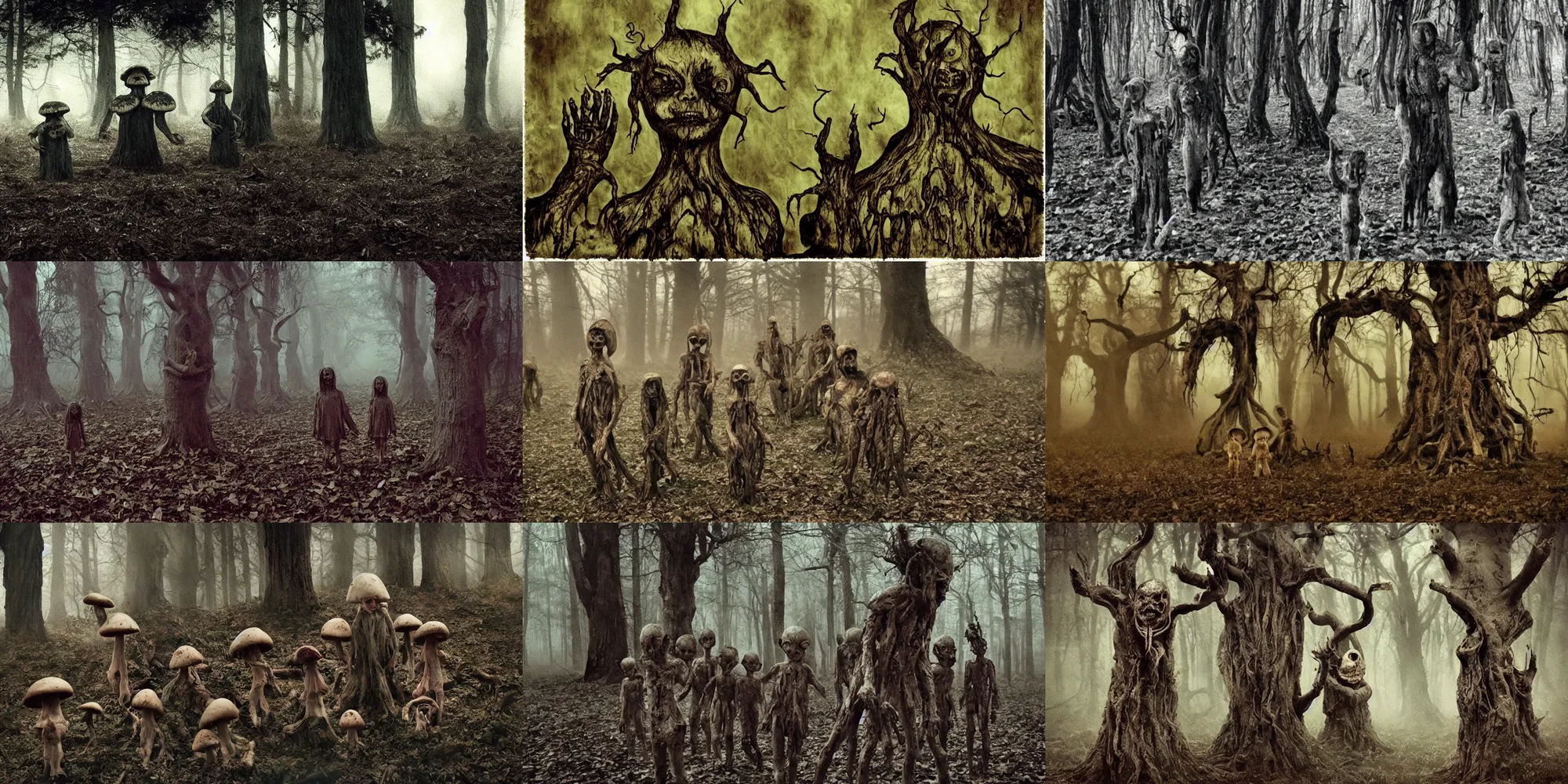 Prompt: mushroom demon children, critical moment, terrifying tortured tree monsters with distorted pained faces made of bark, lovecratftian horror, pans labyrinth, liminal, nightmare inducing, unsettling found footage, haunted, low quality grainy, foggy, shot on expired kodak film