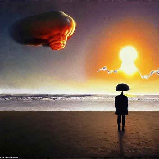 Image similar to a skeleton walking on a beach next to the ocean with nuclear bomb explosion in the background, a naturalism painting by Storm Thorgerson, featured on cg society, matte painting, realistic, chillwave, anatomically correct, light colors, photo-realistic huge mushroom-cloud on the horizon