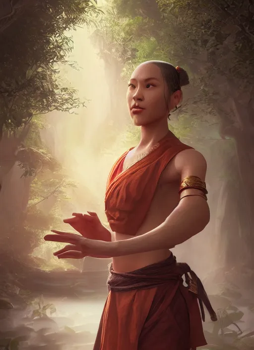 Image similar to Beautiful art portrait of a female fantasy monk martial arts expert in a bright temple surrounded by lush forest, atmospheric lighting, intricate detail, cgsociety, hyperrealistic, octane render, RPG portrait, ambient light, dynamic lighting