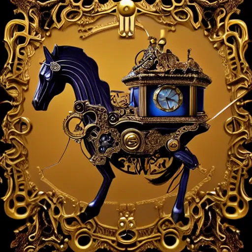 Image similar to Intricate Clockwork Horse Melded with and Pulling an Ornate Carriage, Trending on Artstation