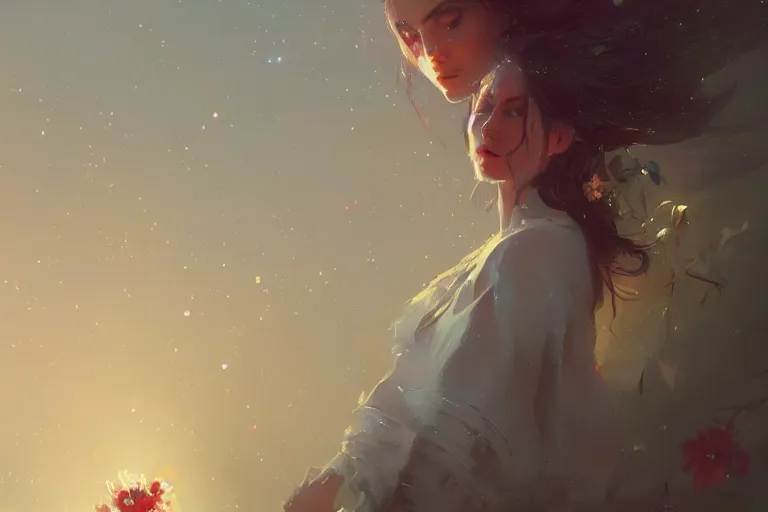 Image similar to a beautiful painting of in the silent, starlit nights, beautiful flower, girl, by greg rutkowski, trending on artstation