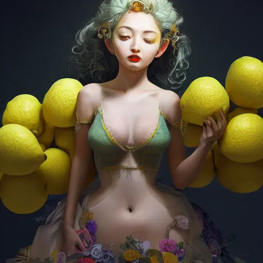 Image similar to the portrait of a sensual lemon that resembles absurdly beautiful, graceful, elegant, sophisticated, young gravure idol made up of lemons, an ultrafine hyperdetailed illustration by kim jung gi, irakli nadar, intricate linework, bright colors, octopath traveler, final fantasy, unreal engine 5 highly rendered, global illumination, radiant light, detailed and intricate environment
