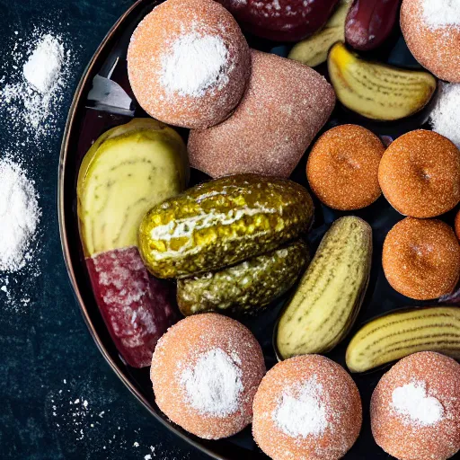 Image similar to powdered donuts and pickles piled on an ornate platter, high resolution photograph, beautiful lighting