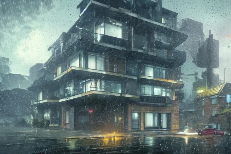 Image similar to cyberpunk, an estate agent listing photo, external view of a 5 bedroom detached city house in the UK, it's raining, by Paul Lehr, highly detailed, photorealistic, unreal engine, 8k,