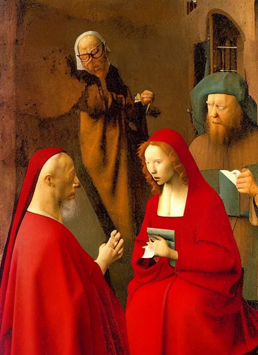 Image similar to angels dressed in red reading the bible and arguing in Tuscany by Jan van Eyck, Hieronymus Bosch, Johannes Vermeer 4k post-processing, highly detailed medieval painting